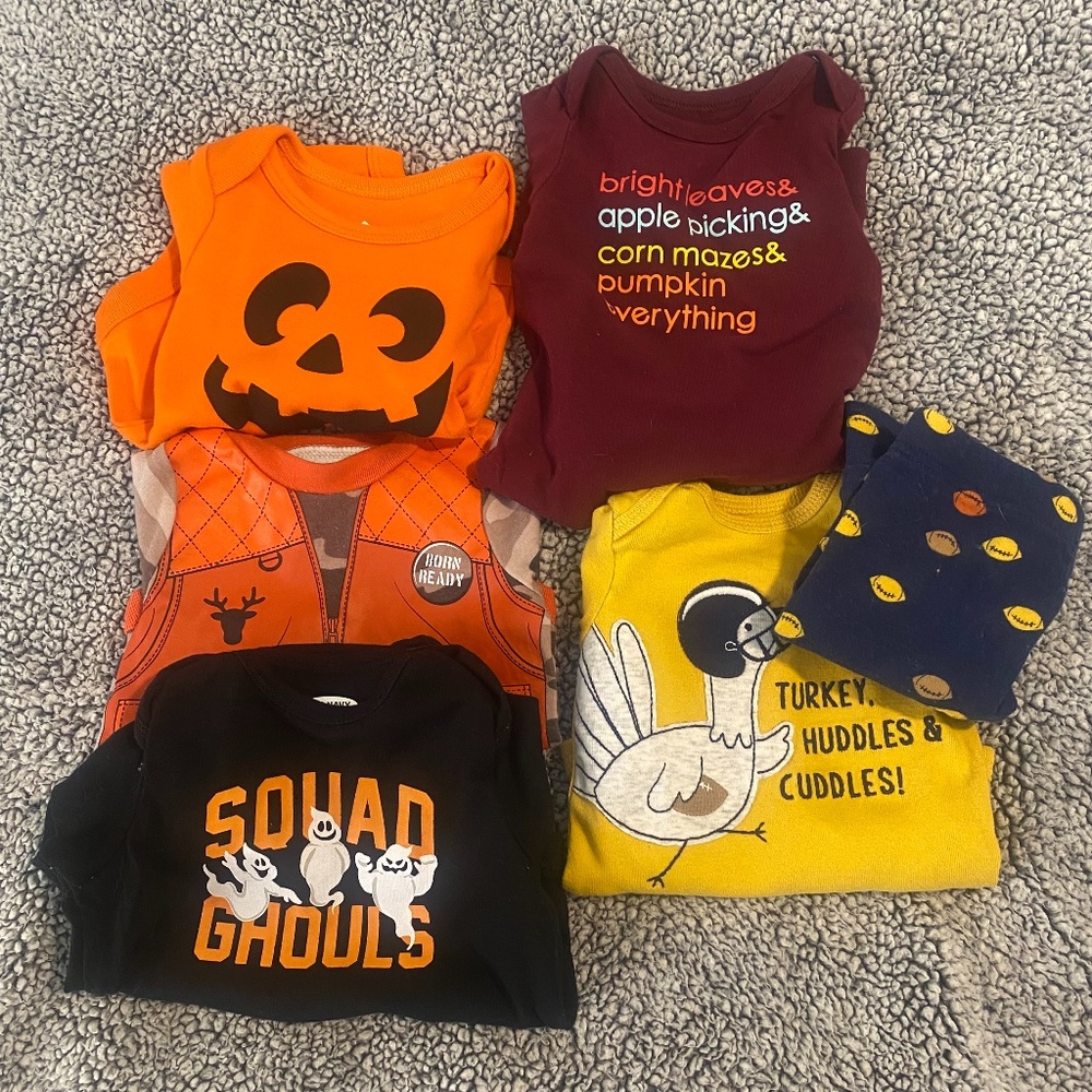 3 month Fall bundle - 3 onesies, 1 romper, 1 onesie/pant set